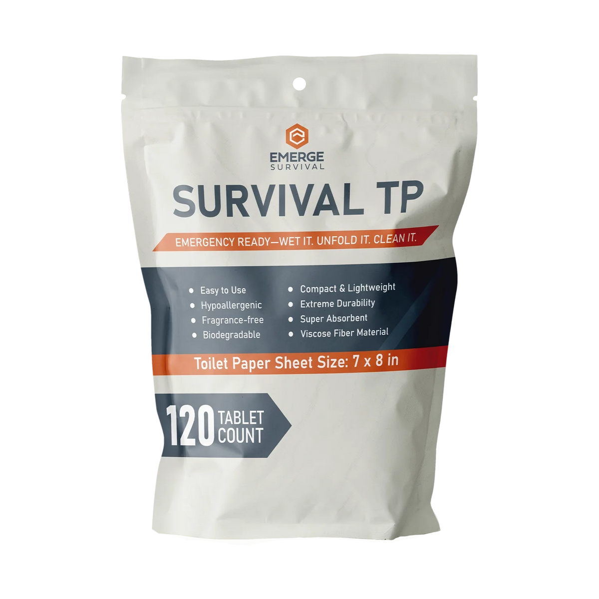 Emerge Survival Toilet Paper compact tablets and expanded wipes displayed on white background