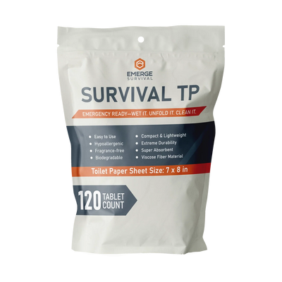 Emerge Survival Toilet Paper compact tablets and expanded wipes displayed on white background