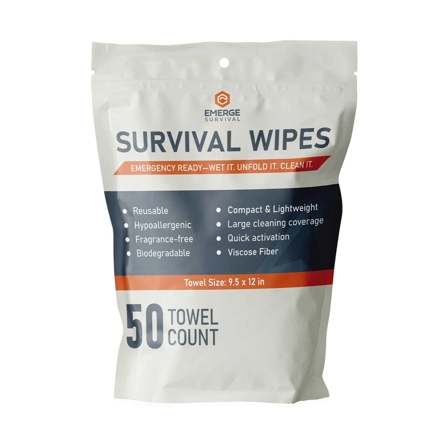 Pack of Emerge Survival Wipes with individual packets and a single unfolded wipe displayed