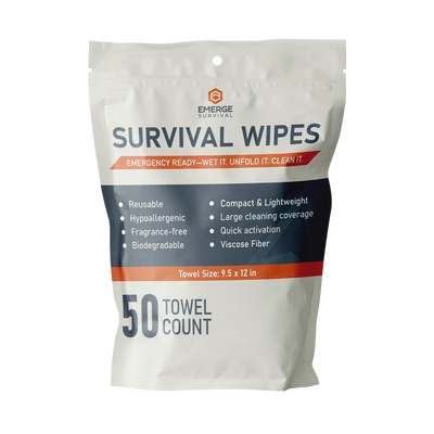 Pack of Emerge Survival Wipes with individual packets and a single unfolded wipe displayed
