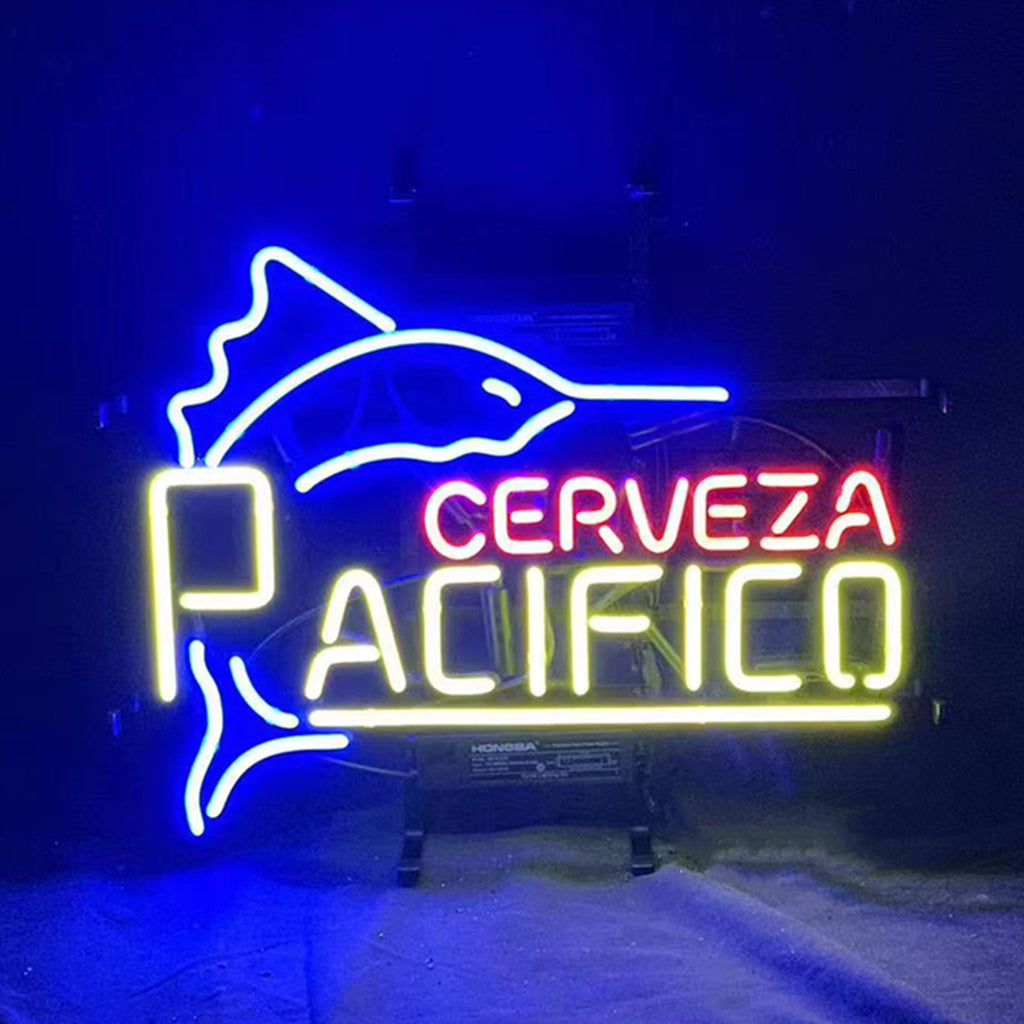Swordfish Cerveza Pacifico Neon Sign featuring glowing neon tubes on metal grid backing