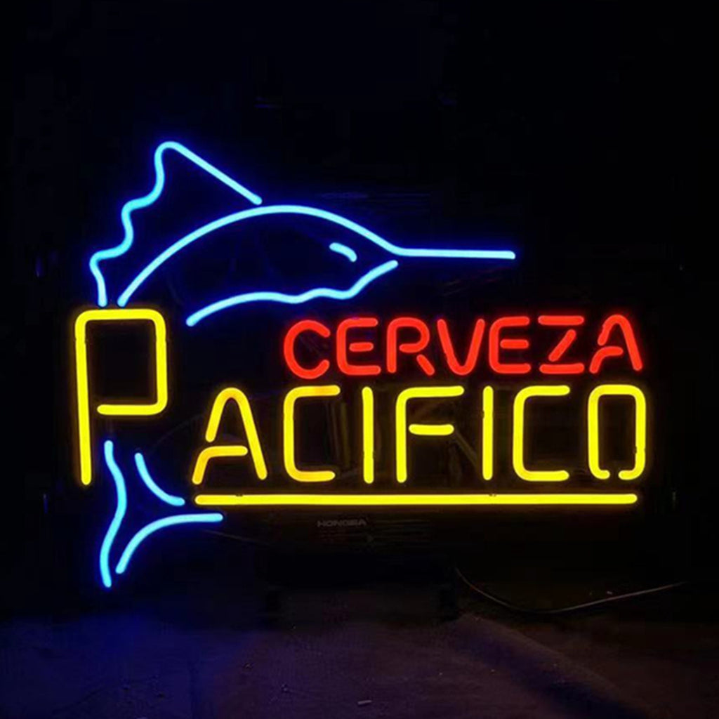 Blue neon outline of a swordfish next to the words 'Cerveza Pacifico' in red and yellow neon lights on a black background