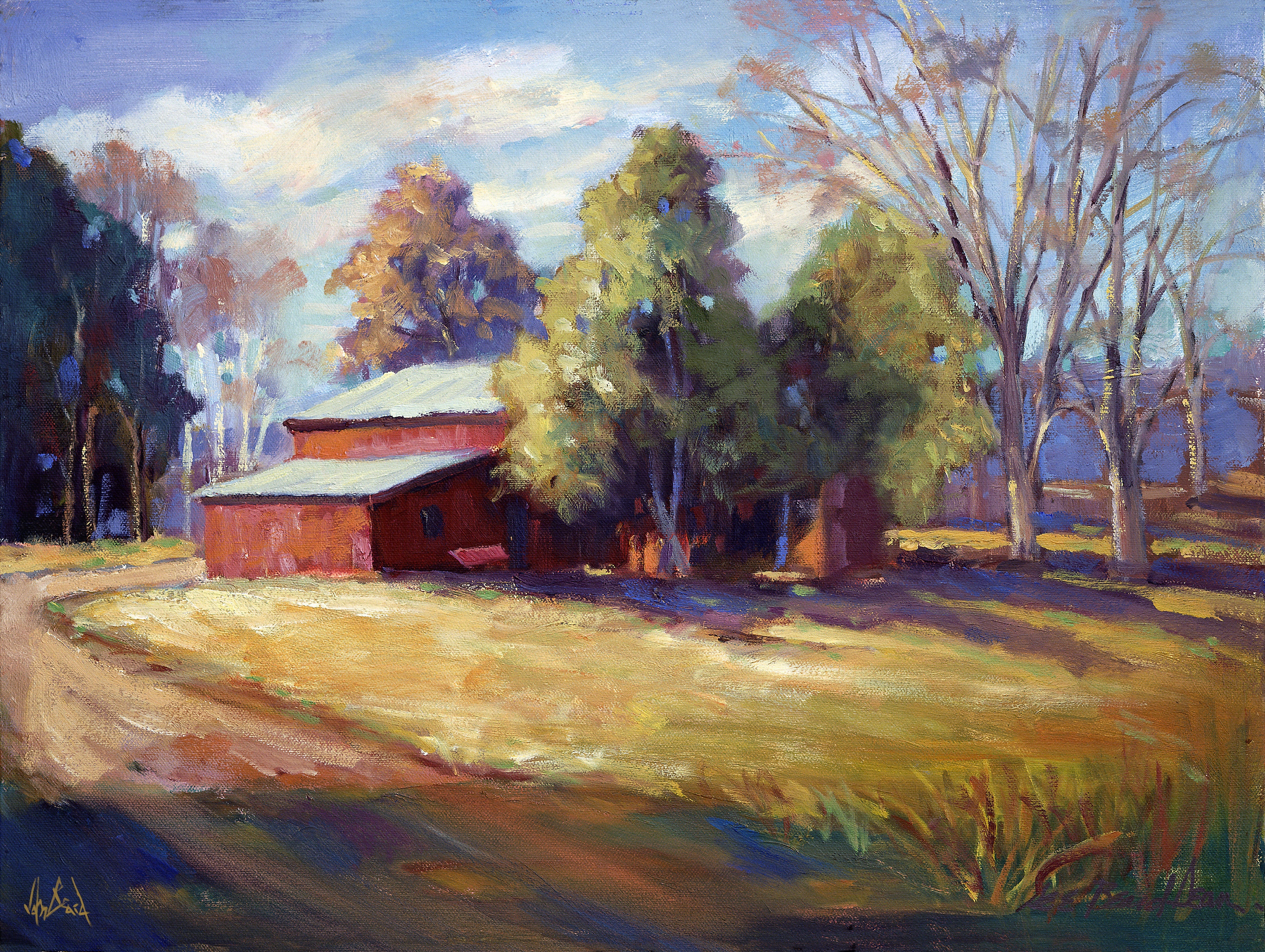 Syler's Barn canvas print showing a stylized barn with land and sky, framed in brown wood