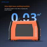 Compact orange and black ultra-light laser welding machine with a handle on top, highlighted by large blue text displaying its 0.03 cubic meters volume.