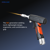 Black and orange ergonomic handheld fiber laser welding torch emitting a narrow welding beam, shown on a dark gradient background with product features text.