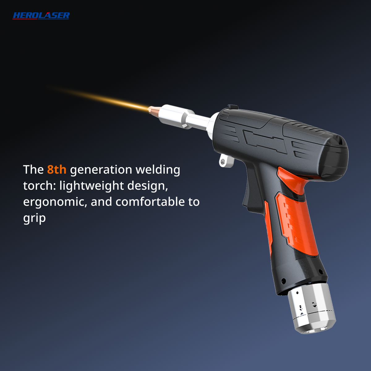 Black and orange ergonomic handheld fiber laser welding torch emitting a narrow welding beam, shown on a dark gradient background with product features text.