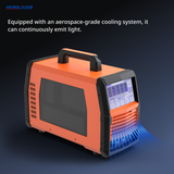 Orange and black portable metal laser welding machine with touchscreen interface and visible cooling vents emitting blue airflow, shown on dark gradient background.
