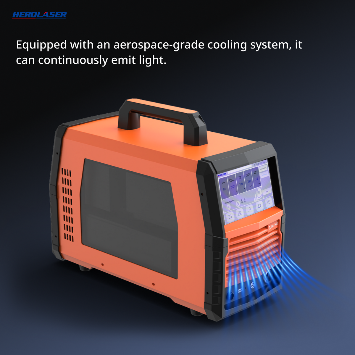 Orange and black portable metal laser welding machine with touchscreen interface and visible cooling vents emitting blue airflow, shown on dark gradient background.