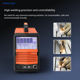 Orange and black T700 Pro fiber laser welder with digital control screen, shown alongside three close-up photos of hands using the laser on metal surfaces.