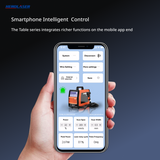 Hand holding smartphone displaying an app interface with controls for a compact orange and black laser welding machine, showing power, scan speed, and laser duty cycle settings.