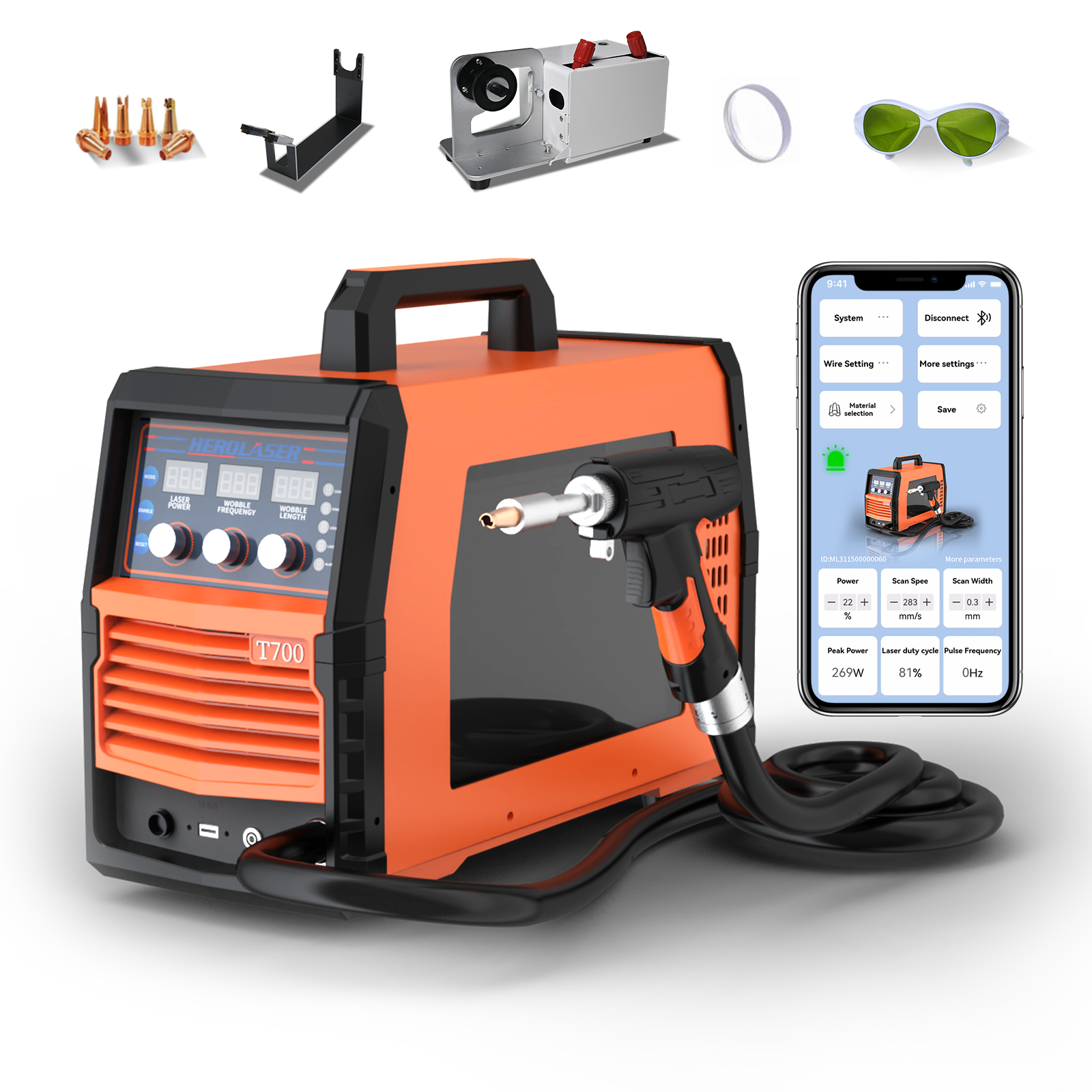 HEROLASER 700W handheld laser welder angled view with controls and cable visible