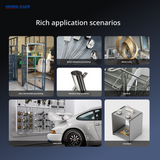 Collage showing metalworking applications including door and window frames, cutlery, decorative metal crafts, stainless steel container, handrail, auto parts, and metal furniture pieces.