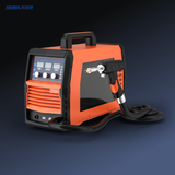 Compact orange and black handheld laser welder with a digital control panel featuring three dials and a connected black welding gun with a coiled cable against a dark background.