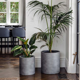 White Choob planter from The Balcony Garden US with a smooth, cylindrical shape displayed with plants in a modern porch setting
