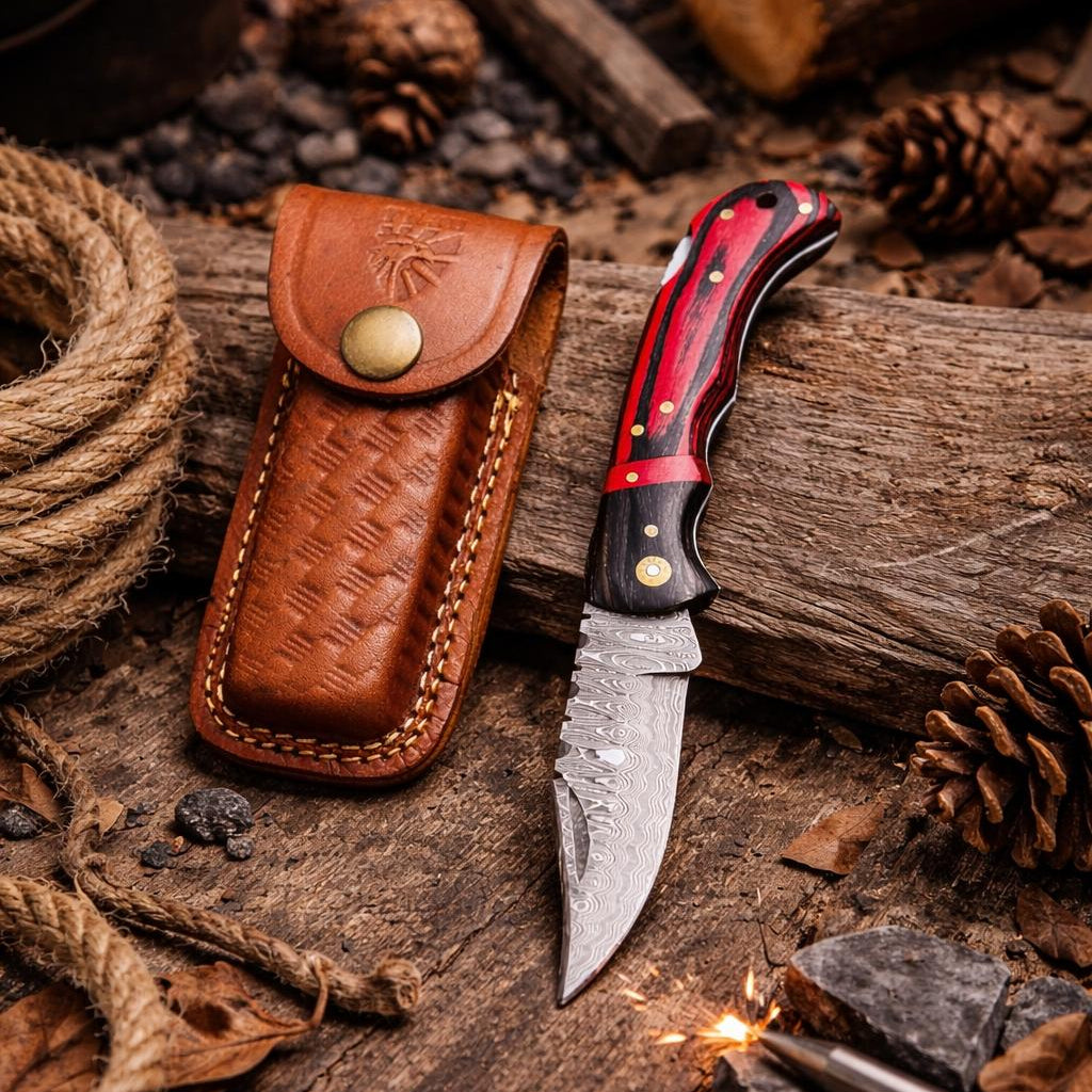 Damascus Steel Trailing Point Folding Pocket Knife with Red & Black Pakkawood Handle and Leather Sheath