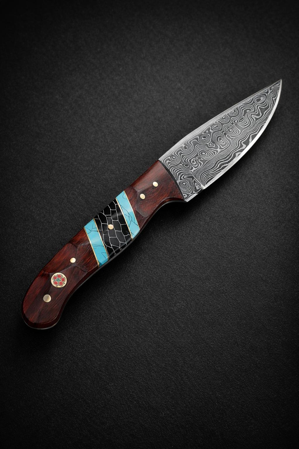 Hand-Forged Damascus Steel Drop Point Outdoor Utility Tool with segmented rosewood, turquoise, and black honeycomb handle resting on a dark wood surface