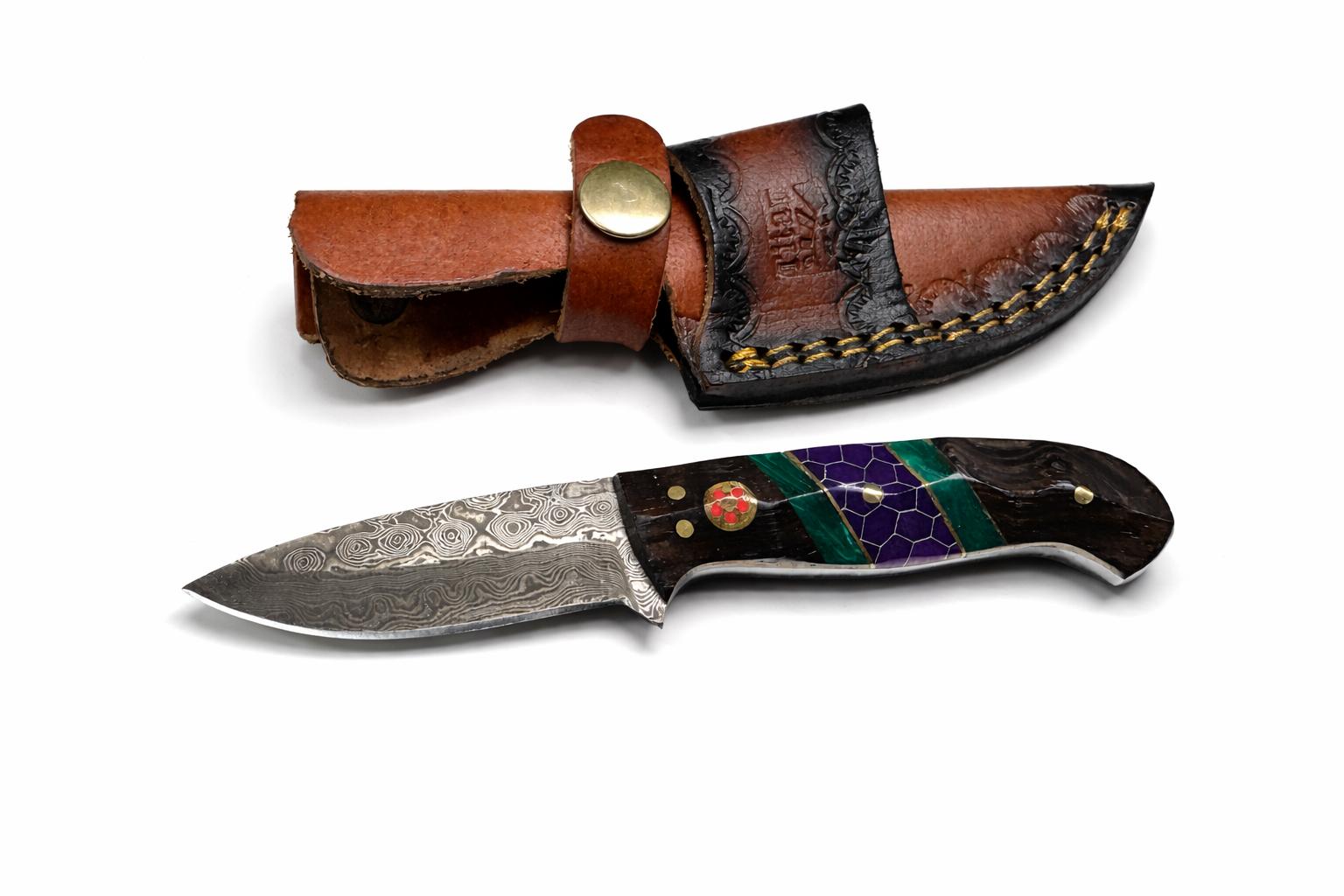 Hand-Forged Damascus Steel Drop Point Outdoor Utility Tool with dark wood, green resin and purple honeycomb handle TK-509