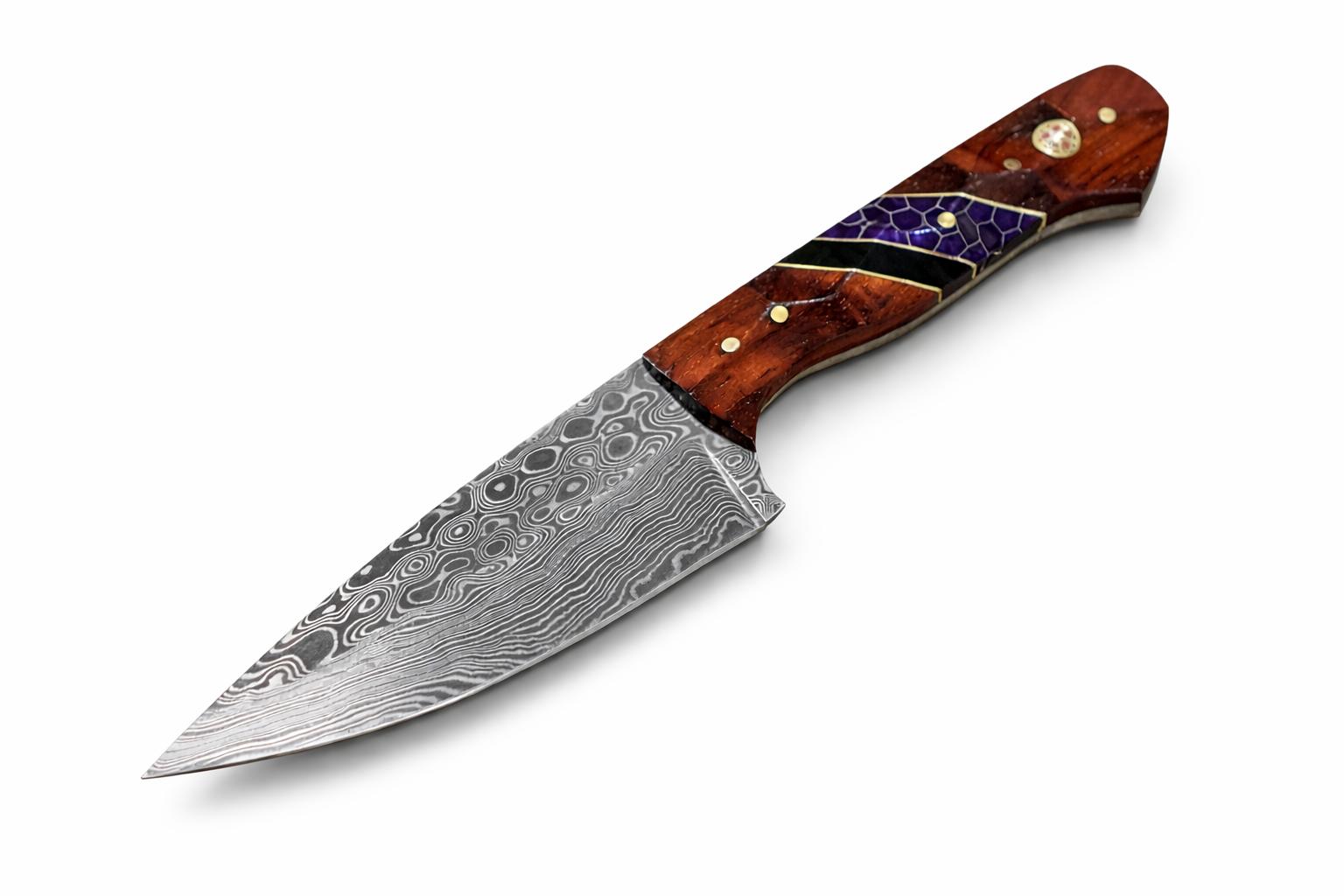 Hand-Forged Damascus Steel Drop Point Outdoor Utility Tool with Rosewood, Black and Purple Honeycomb Handle TK-510