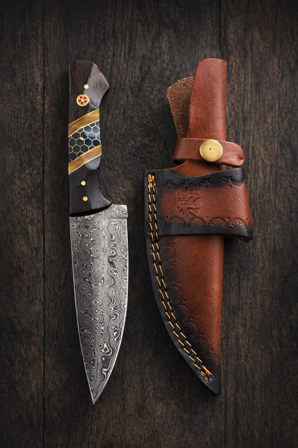 Hand-Forged Damascus Steel Drop Point Outdoor Knife with diamond wood and black honeycomb resin handle, displayed with leather sheath.