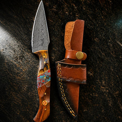 Titan "Painted Mesa" Damascus Hunting Knife | Cocobolo Rosewood & Turquoise Mosaic Handle | Hand-Tooled Leather Sheath