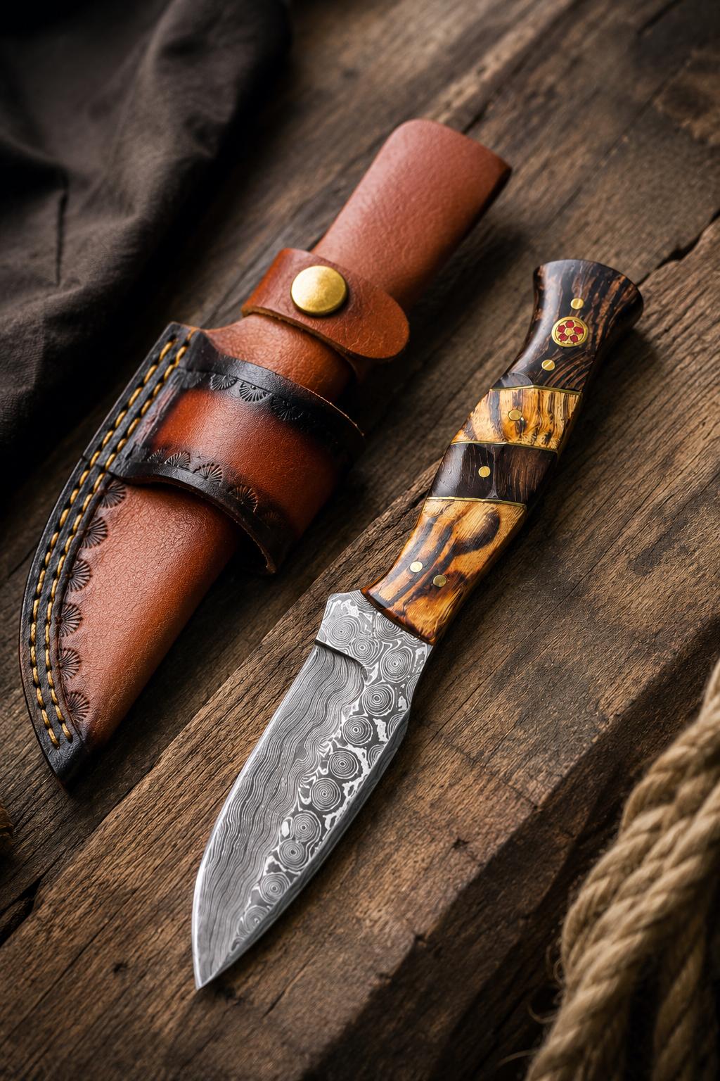 Titan "Tiger Run" Damascus Hunting Knife | Wenge & Tigerwood Handle | Leather Sheath