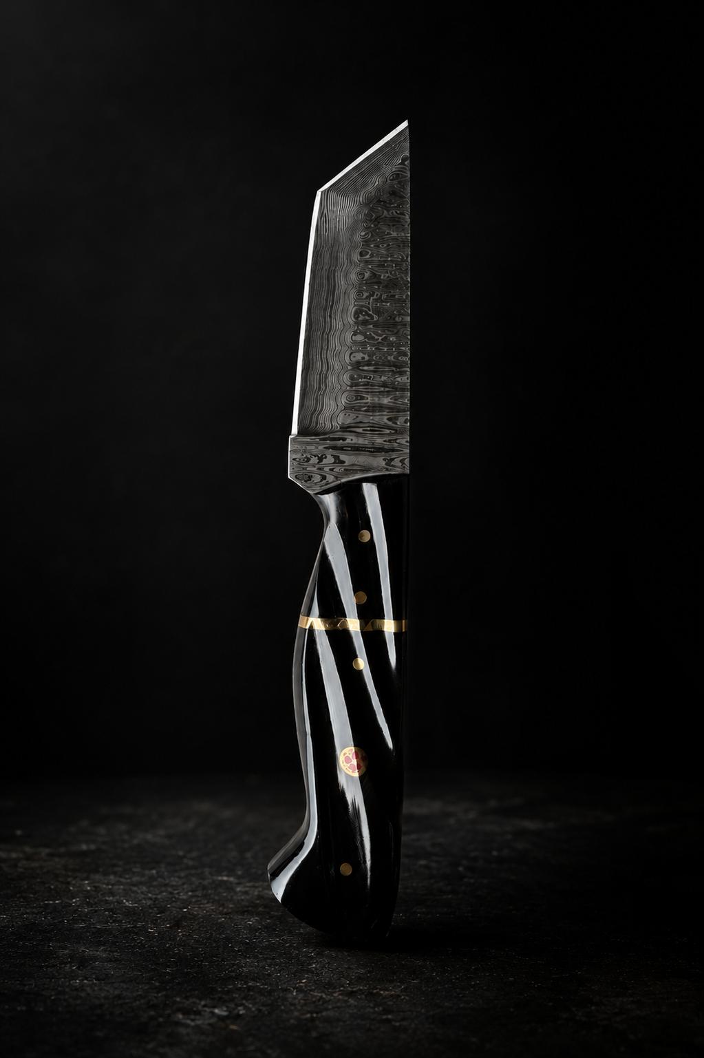 Damascus Steel Fixed Blade Straight Edge Utility Knife with polished black fluted handle and brass spacer