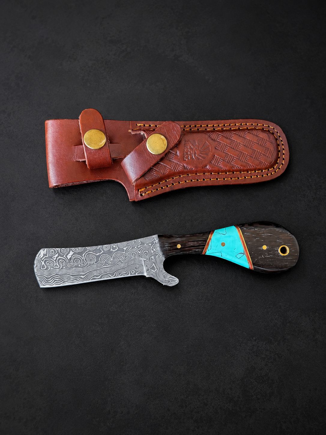 Titan "Malachite Range" Bull Cowboy Cutter knife with Damascus steel blade, wenge handle with malachite resin inlay, and engraved black leather sheath