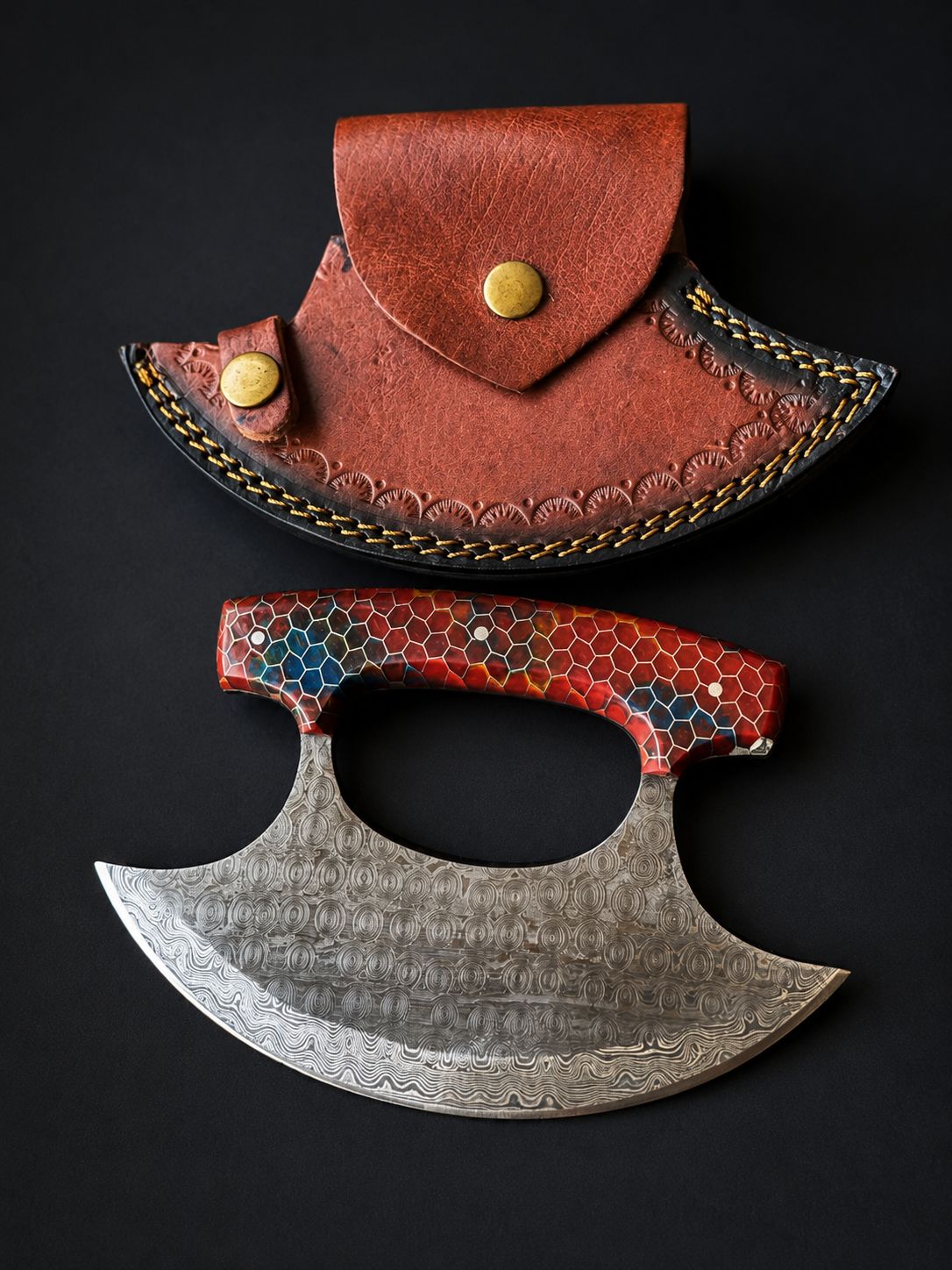 Titan "Ruby Hive" Damascus Ulu Knife with ruby and cobalt honeycomb resin handle and custom leather sheath