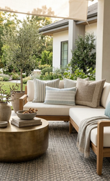 Outdoor seating area with a wooden-framed sectional sofa featuring beige and striped blue-gray pillows, a beige throw, and a round brass coffee table on a textured rug.