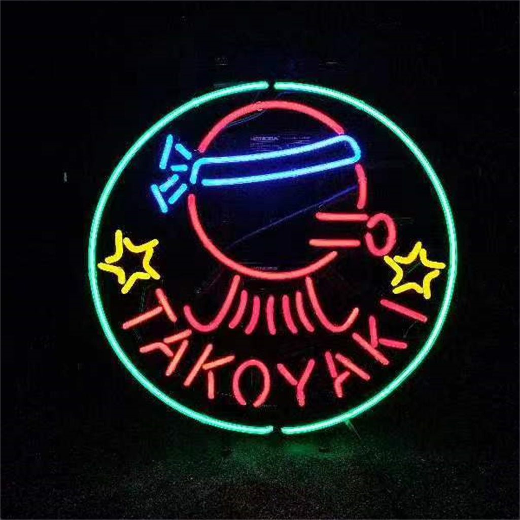 Neon sign with a red octopus wearing a blue headband, surrounded by a green circle and two yellow star shapes, with the word TAKOYAKI in red below.