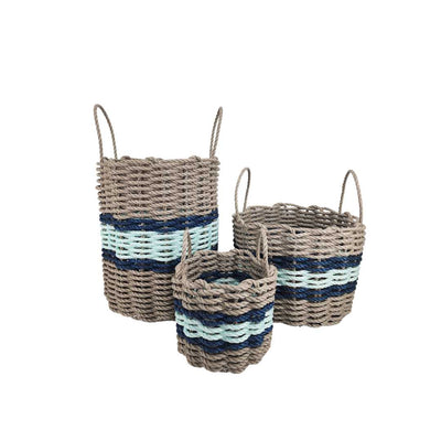 Lobster rope basket in tan and seafoam colors with navy accents, shown in multiple sizes