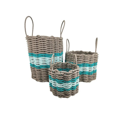 Lobster rope basket in tan and seafoam colors with teal accents, shown in multiple sizes