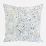 Square pillow cover with an abstract watercolor pattern in soft whites, blues, and hints of green, featuring swirling and speckled brush strokes.