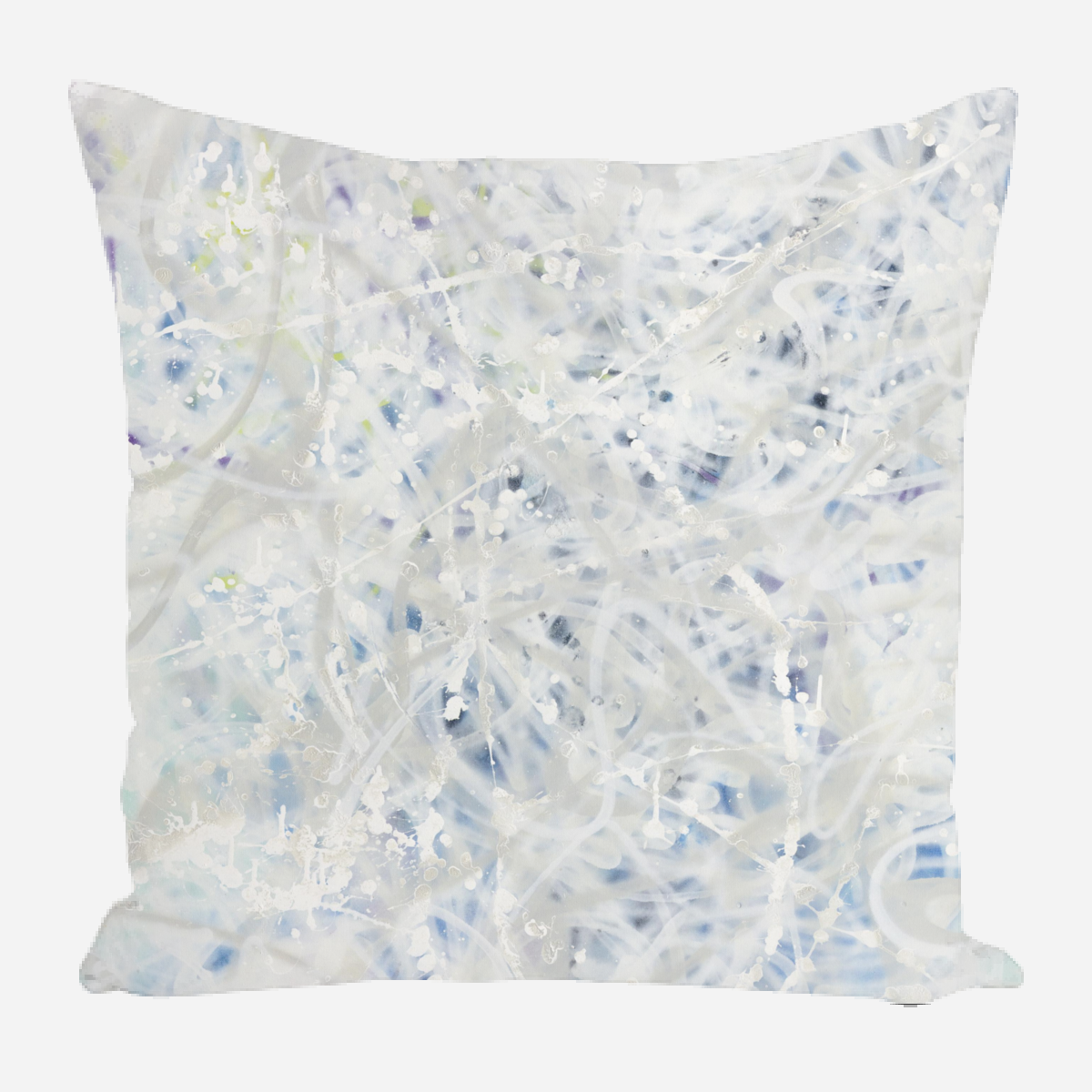 Square pillow cover with an abstract watercolor pattern in soft whites, blues, and hints of green, featuring swirling and speckled brush strokes.