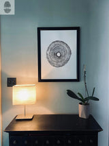 Black-framed print of a Paulownia Empress tree cross-section with concentric growth rings, hung above a dark wooden dresser with a glowing lamp and potted orchid.
