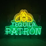 Tequila Patron neon sign illuminated with acrylic logo on metal grid backing