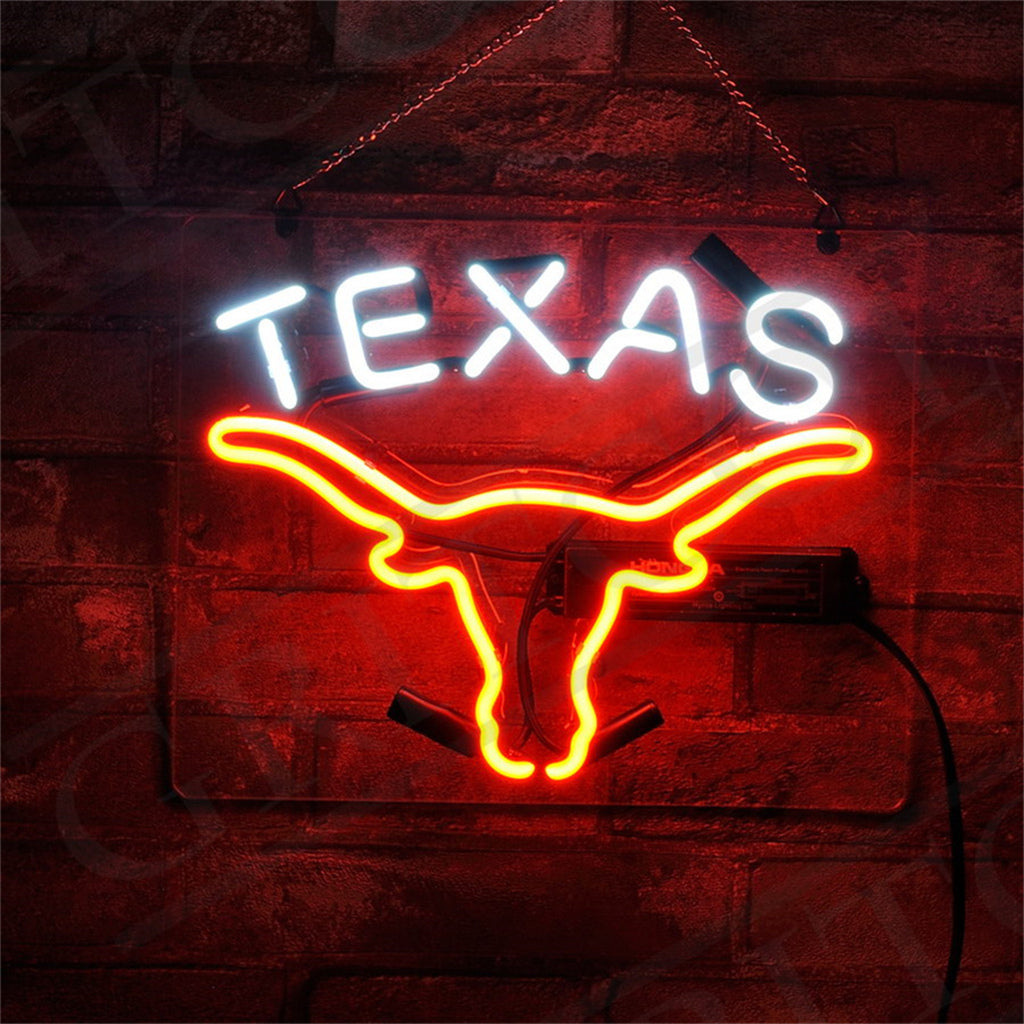 Texas Longhorn Neon Sign glowing with orange light on a black acrylic backing