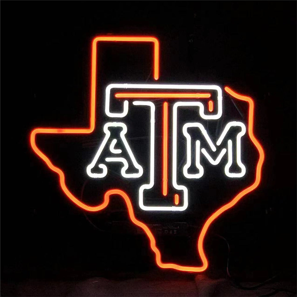 Texas Map shaped neon signs light mounted on metal grid backing with illuminated ATM letters