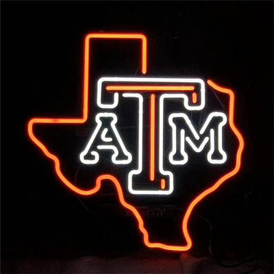 Texas Map shaped neon signs light mounted on metal grid backing with illuminated ATM letters