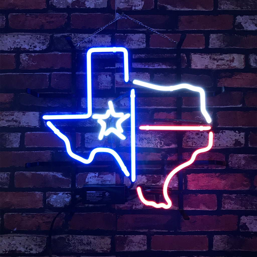Texas Map Neon Sign with Lone Star Beer logo illuminated in red neon on a metal grid backing