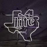 White neon sign shaped like the Texas state outline with a cowboy hat and the word 'lite' integrated inside, mounted on a dark background frame.