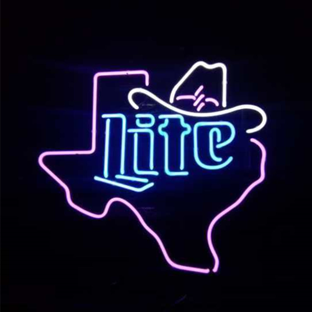 Neon sign shaped as Texas outline with pink light, featuring a stylized cowboy hat and word 'lite' in blue neon inside the state shape.