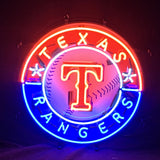 Circular neon sign featuring a red 'T' in the center of a baseball, encircled by red 'TEXAS' and blue 'RANGERS' text in a two-tone red and blue glow.