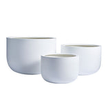 Set of three smooth, matte white cylindrical plant pots with rounded bottoms, displayed against a plain white background in small, medium, and large sizes.