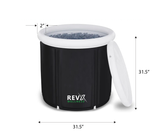 Black cylindrical RevX Wellness ice pod with a white rim and lid, 31.5 inches in height and diameter, containing visible ice inside the top opening.