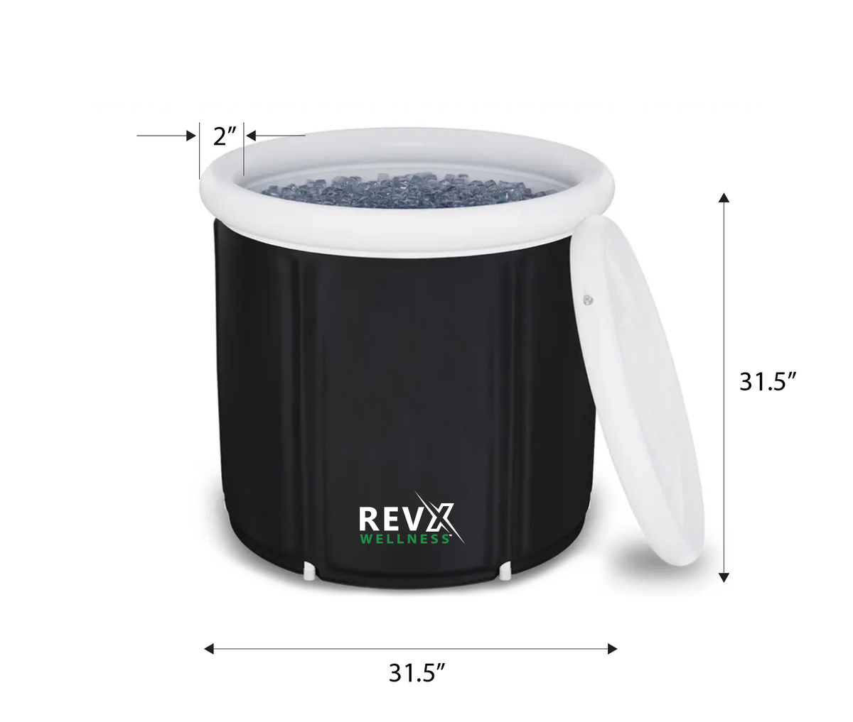 Black cylindrical RevX Wellness ice pod with a white rim and lid, 31.5 inches in height and diameter, containing visible ice inside the top opening.