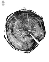 Black and white woodcut print of a tree cross-section showing detailed annual growth rings and natural cracks, centered on a white background.