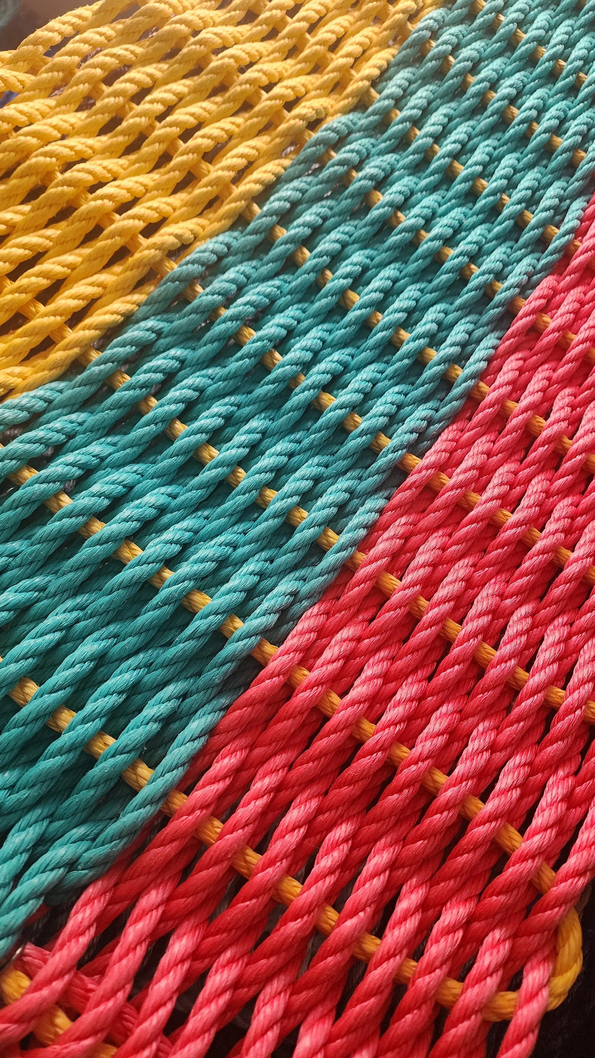 Three Stripe RopeMat Pink Teal Yellow handmade rope rug by Little Salty Rope