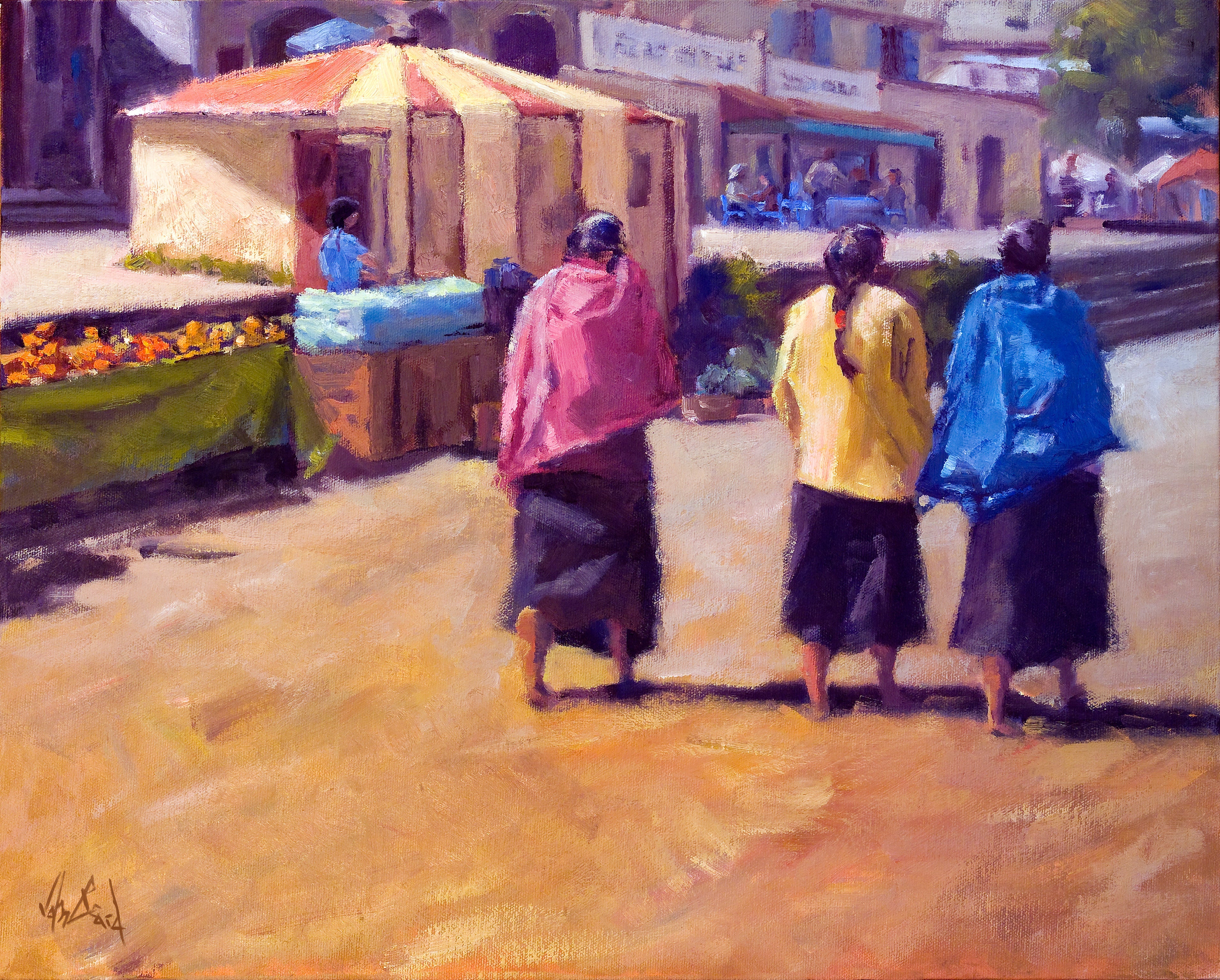 Three Girls Walking Artist Enhanced Canvas Print showing three girls walking side by side on a path, framed in black
