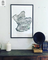 Black and white framed print of a wood cross-section with detailed growth rings hangs above a dark wooden surface with a white ceramic vase and vintage gramophone next to stacked books.